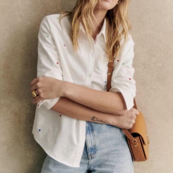 Sezane Tomboy Embroidered Button Down Shirt, Multi-Color Hearts - Picture 4 of 6